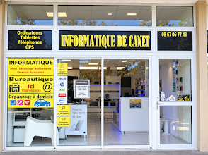 La devanture jaune de l’atelier informatique au 3 avenue de Toulouse à Canet-en-Roussillon
